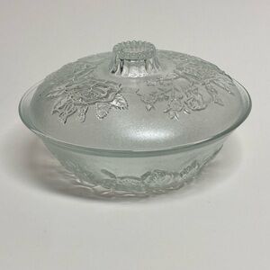 Vintage Firna Indonesia Pressed Glass Candy Dish with Lid and Rose Pattern